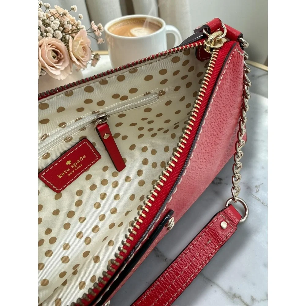 Kate Spade WKRU1427 Red Genuine Cow‎ Leather Chain Crossbody Purse OS